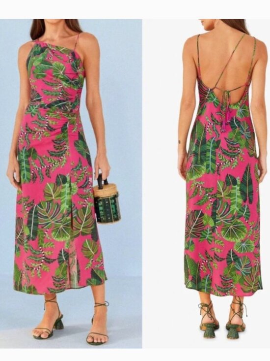 FARM Rio Dresses & Skirts - Farm Rio Pink Leave Asymmetric One Shoulder Strappy Back Ruched Slit Dress S